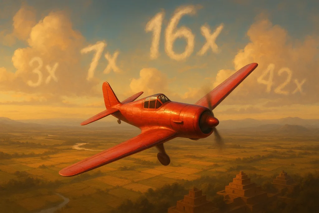 A red Aviator game plane flying over rural fields with multipliers 3x, 7x, 16x, and 42x written in the clouds.