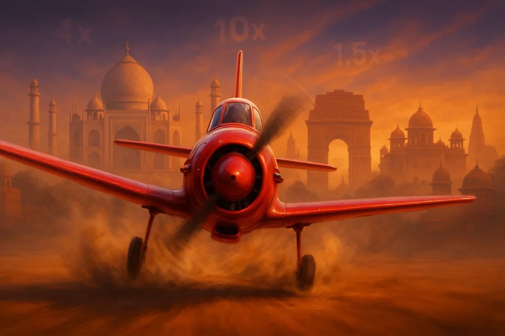 A red Aviator game plane landing on dusty ground with the Taj Mahal and India Gate in the background, alongside multipliers like 4x, 10x, and 1.5x.